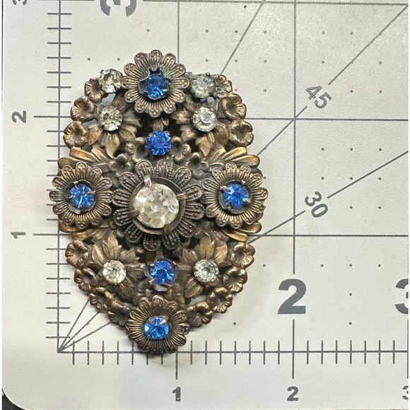 1920s antique Art Deco Czech blue clear glass rhinestones floral Dress clip - Picture 9 of 9